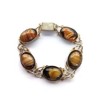 Vintage Gold Tone Faux Tigers Eye Cabochon Box Clasp Link Bracelet